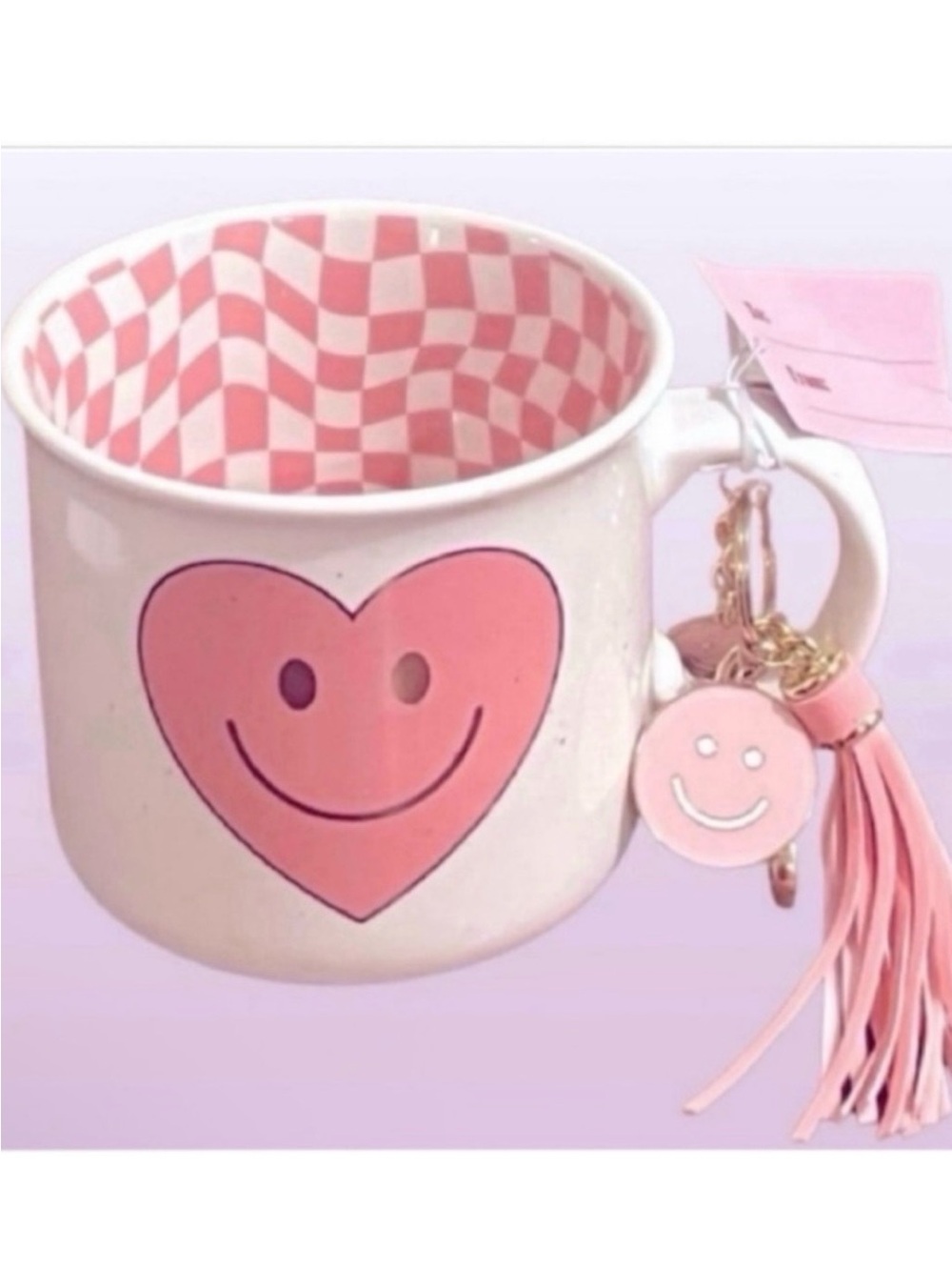 🆕- Sheffield Home-Pink Smiley Heart Ceramic Coffee/Tea Mug w/Tassel Key Ring